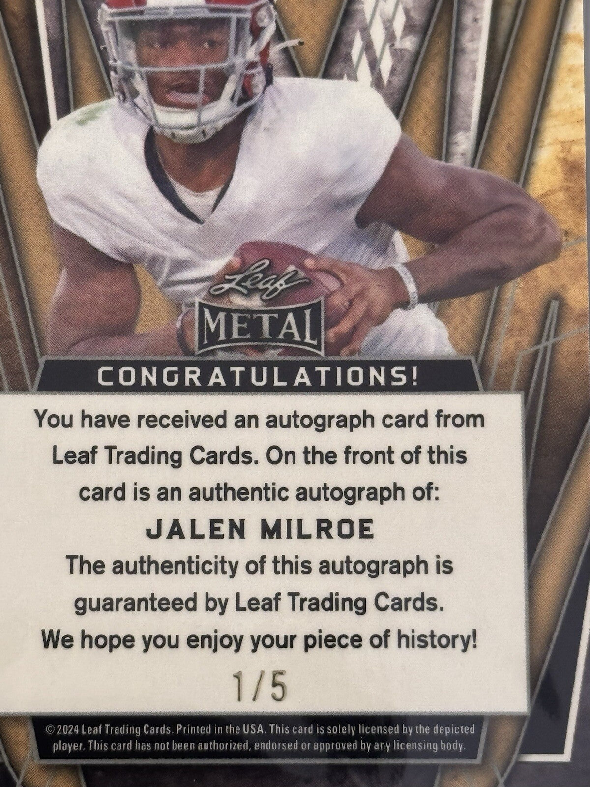 1/5 Jalen Milroe RC Auto 2024 Leaf Metal Football Red Wave Alabama - Card BA-JM1
