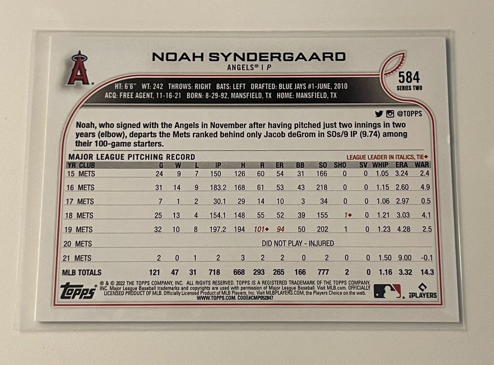2022 Topps Series 2 Noah Syndergaard Los Angeles Angels - MLB Baseball Card #584