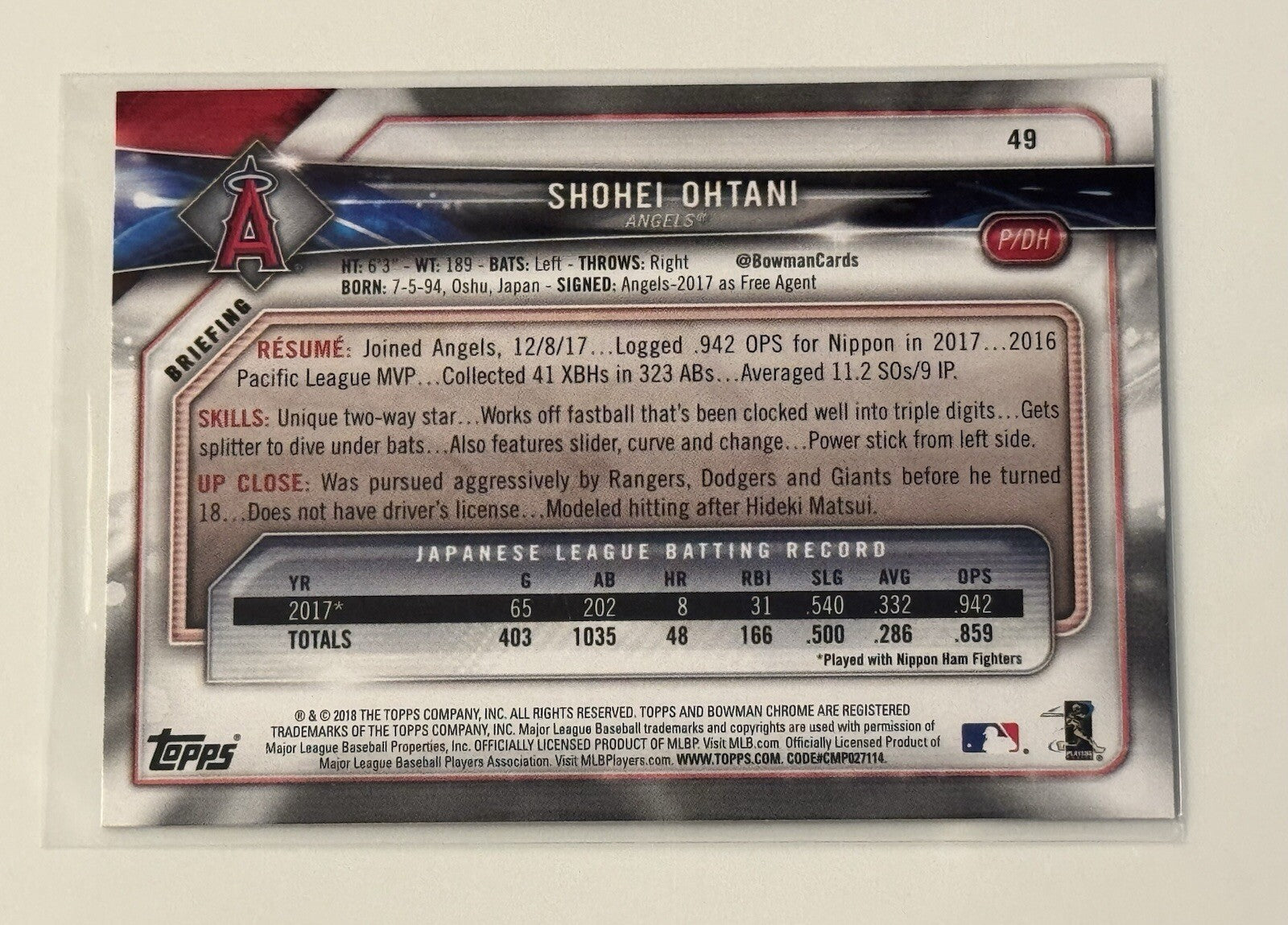 Shohei Ohtani 2018 Bowman Baseball Rookie Card #49 1st True RC Angels MVP - Mint