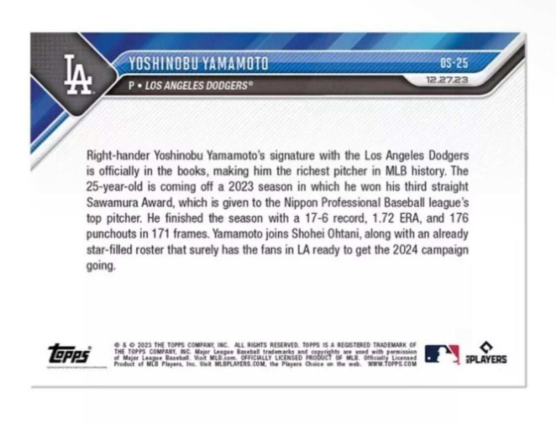 2023 MLB Topps Now Yoshinobu Yamamoto rookie card LA Dodgers press conference photo