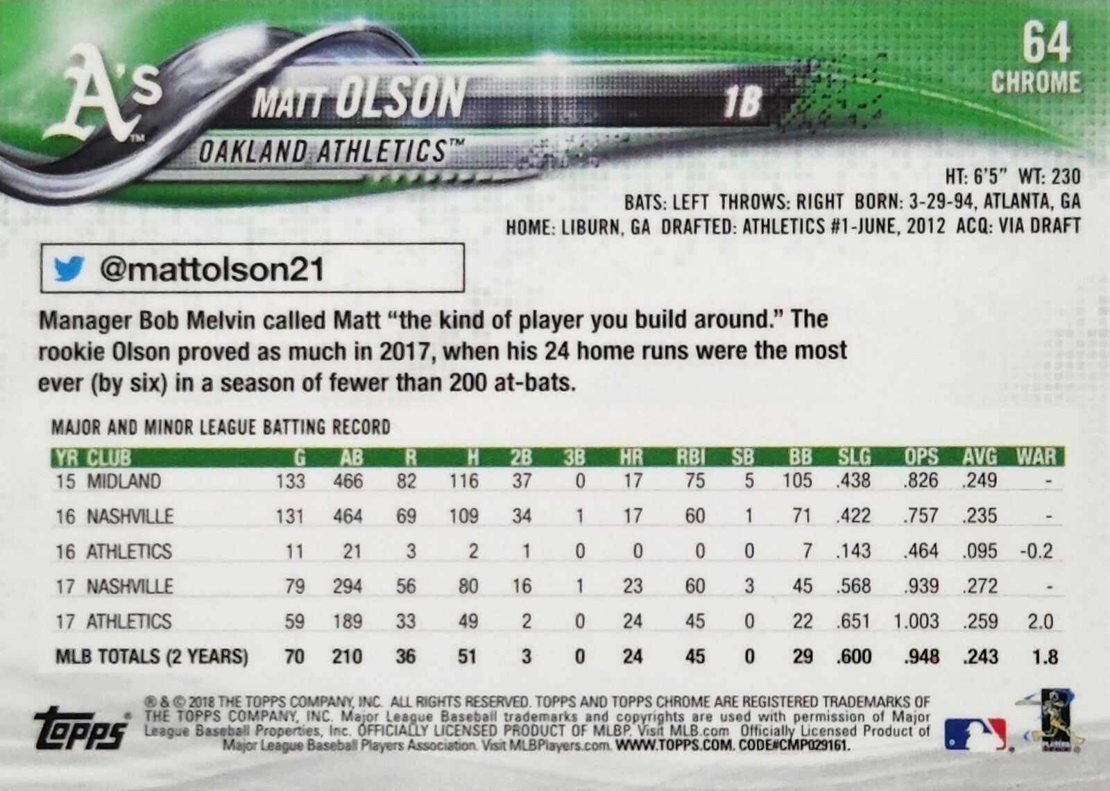 2018 Topps Chrome Matt Olson MLB Oakland Athletics/Atlanta Braves -MLB Card #64*