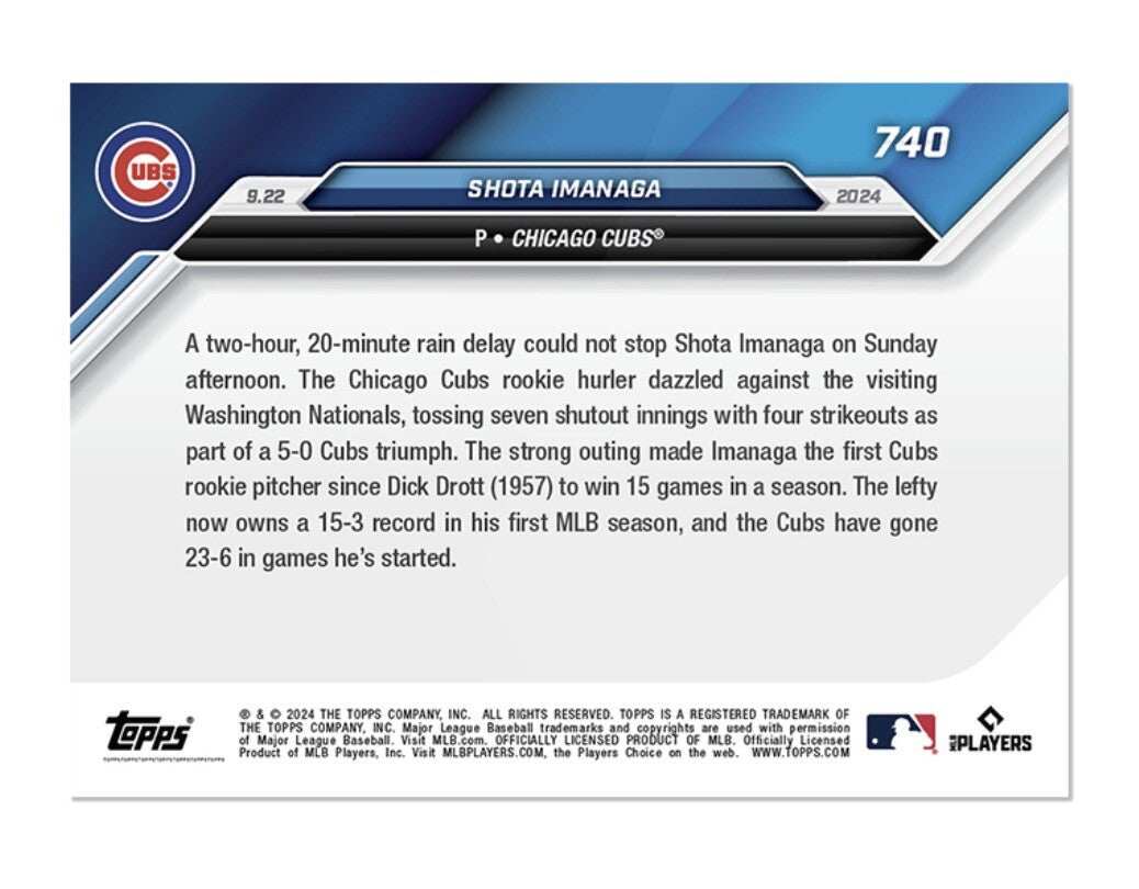 2024 Topps Now Shōta Imanaga rookie baseball card Chicago Cubs with 15 wins