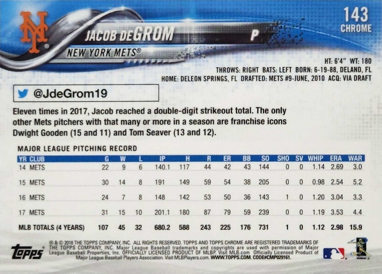 Topps Chrome 2018 Baseball Card #143 Jacob DeGrom NY Mets MLB back stats and info