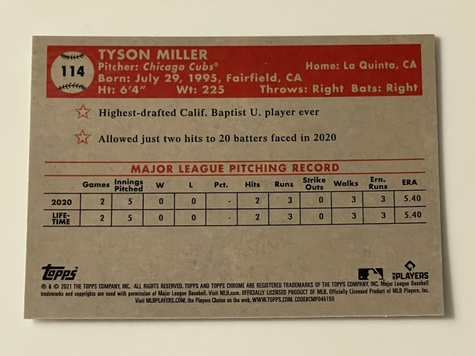 2021 TOPPS CHROME PLATINUM ANNIVERSARY TYSON MILLER RC CARD #114 CHICAGO CUBS