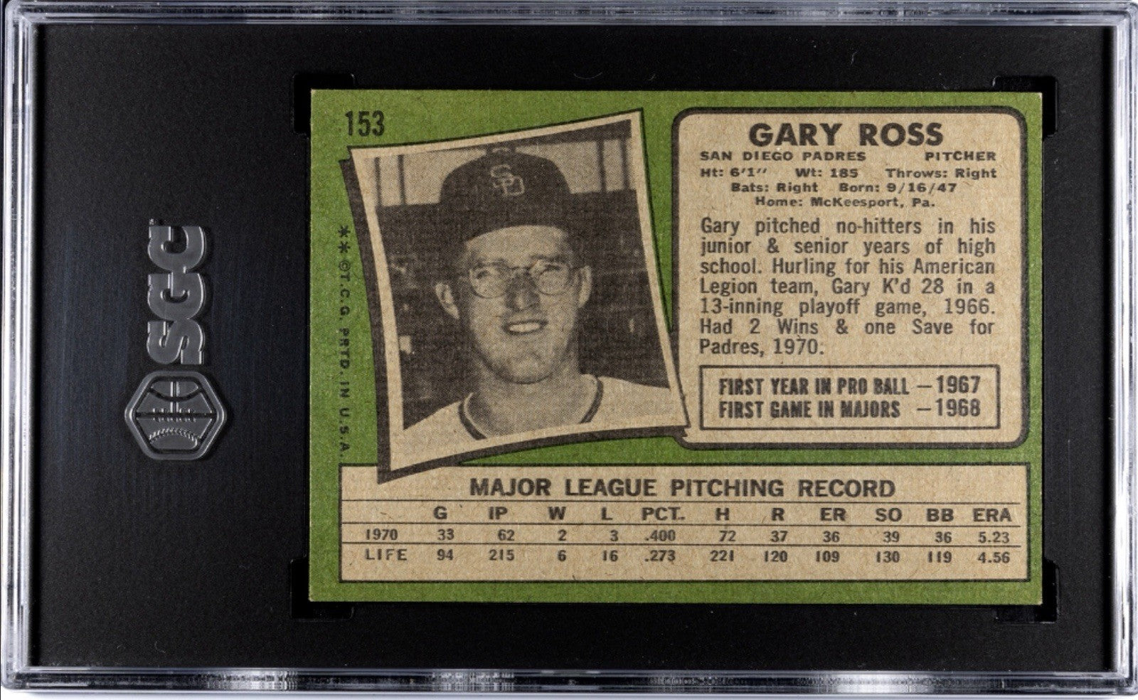 1971 Topps Gary Ross Card #153 SGC 5 MLB SD Padres - 54 HOF Players In This SET!