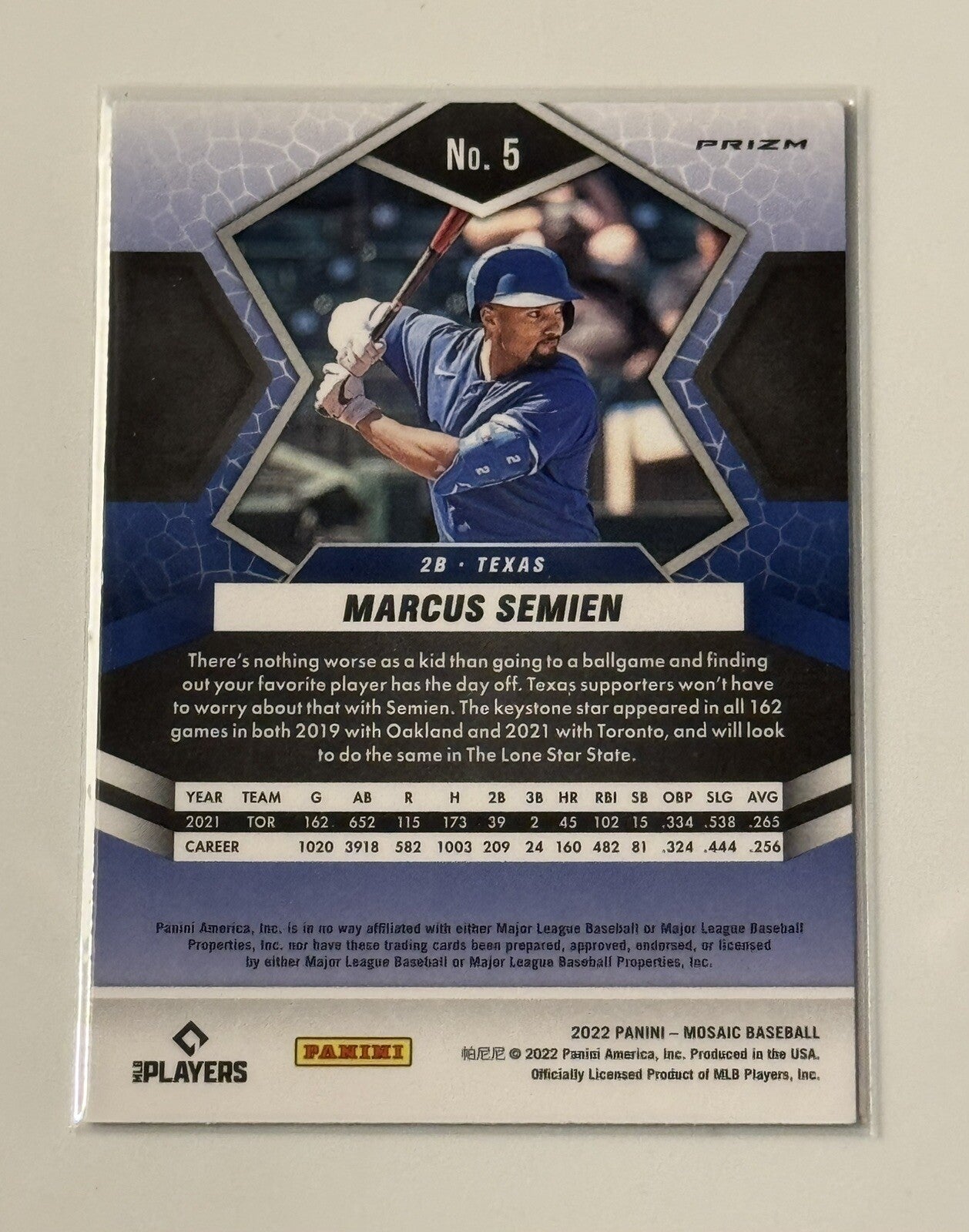 Marcus Semien* 2022 Panini Mosaic Jersey Number Color Swirl Prizm #5 MLB Rangers