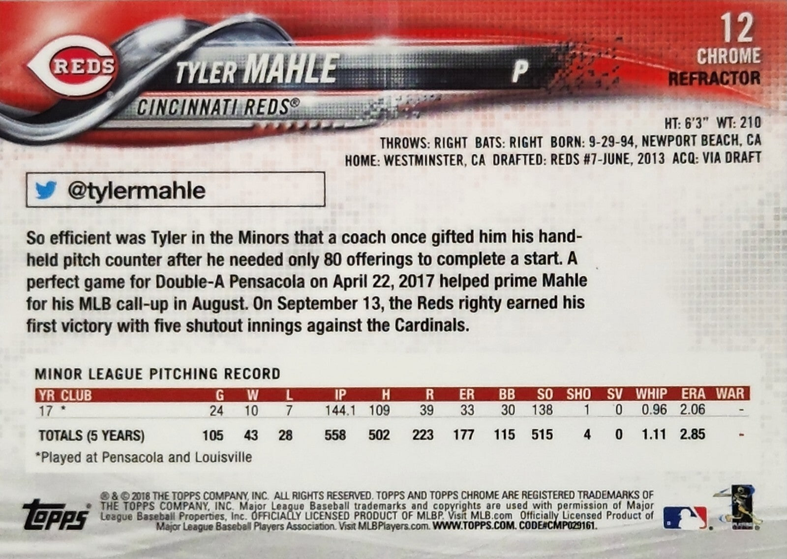 2018 Topps Chrome Tyler Mahle RC Rookie Refractor #12 Reds MLB JUST PULLED!