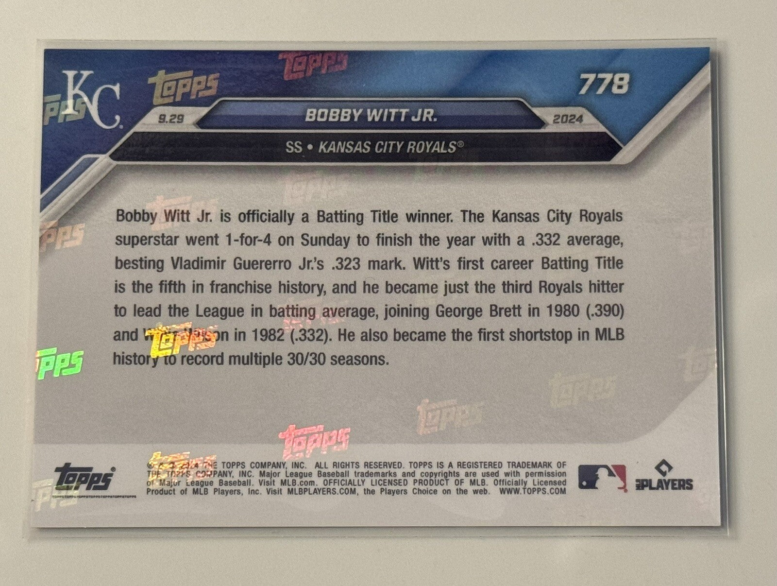 24/25 Bobby Witt Jr. 2024 MLB Topps NOW 3rd Royal to Wins Batting Title Card 778