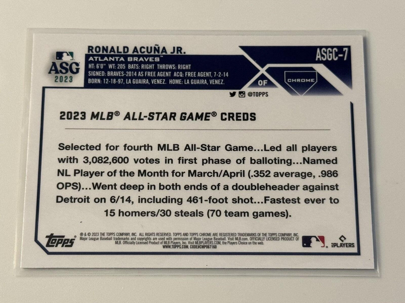 2023 Topos Chrome Update Series Refractor Ronald Acuna Jr MLB ATL Braves #ASGC-7