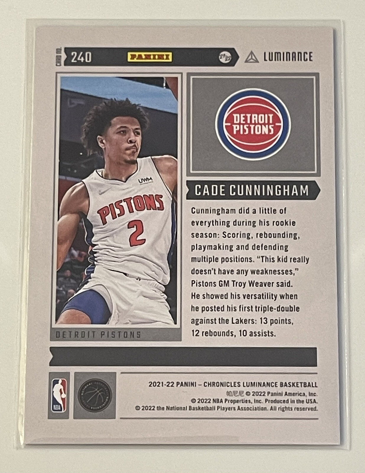 2021-22 Panini Chronicles Luminance Cade Cunningham Rookie NBA Pistons Card #240