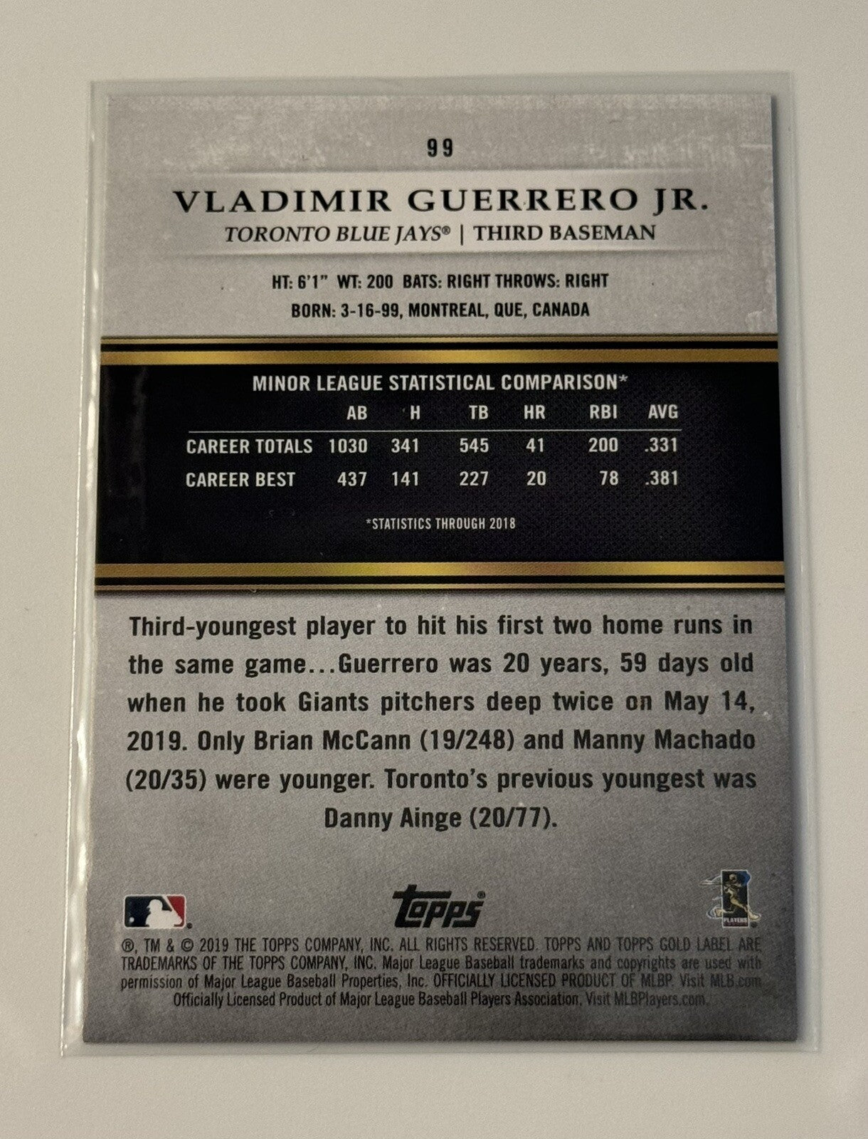 58/150 2019 Topps Gold Label Vladimir Guerrero Jr. RC Refractor MLB Blue Jays 99