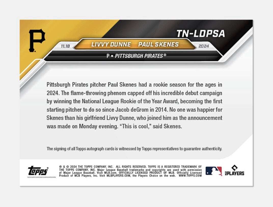 2024 Topps Now Livvy Dunne and Paul Skenes MLB power couple card celebrating NL Rookie of the Year award