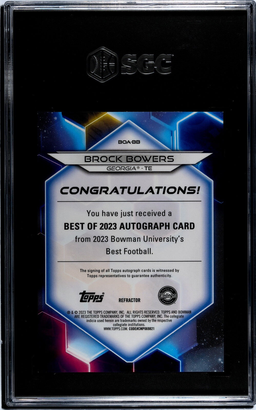 2023 Bowman U Best Of 23 Brock Bowers RC Autograph Refractor UGA Bulldogs SGC 10