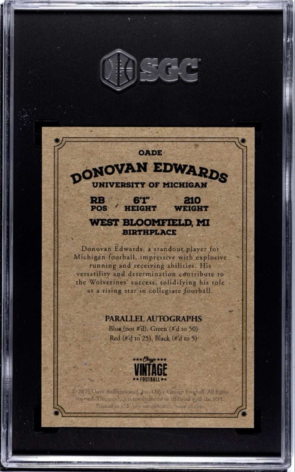 Donovan Edwards 2023 ONYX Vintage autographed rookie card Michigan Wolverines football collectible