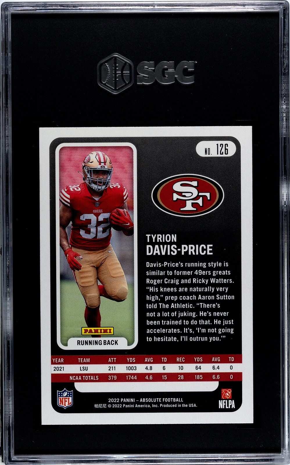 2022 Absolute Football Tyrion Davis-Price RC Red Card #126 graded SGC 9 San Francisco 49ers
