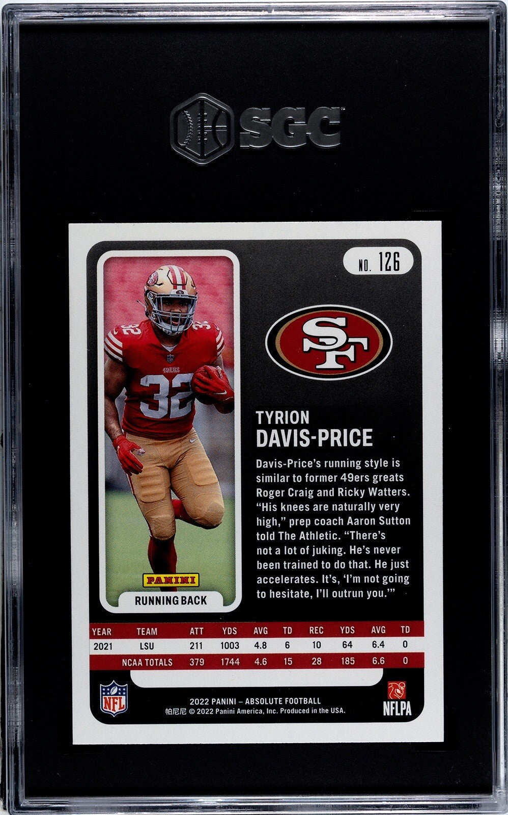 2022 Absolute Football Tyrion Davis-Price RC Red Card #126 NFL SF 49’ers - SGC 9