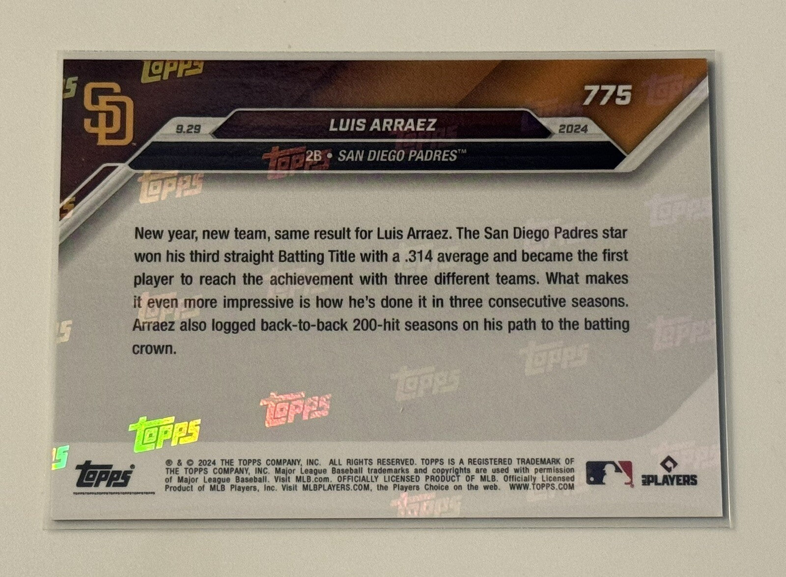 Luis Arraez* - 3rd Batting Title 2024 MLB Topps NOW - San Diego Padres Card 775