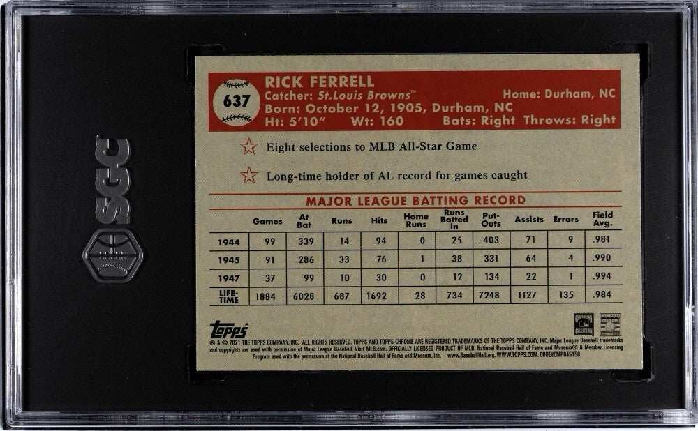 2021 Topps Chrome Rick Ferrell St. Louis Browns baseball card SGC 7 graded chrome finish