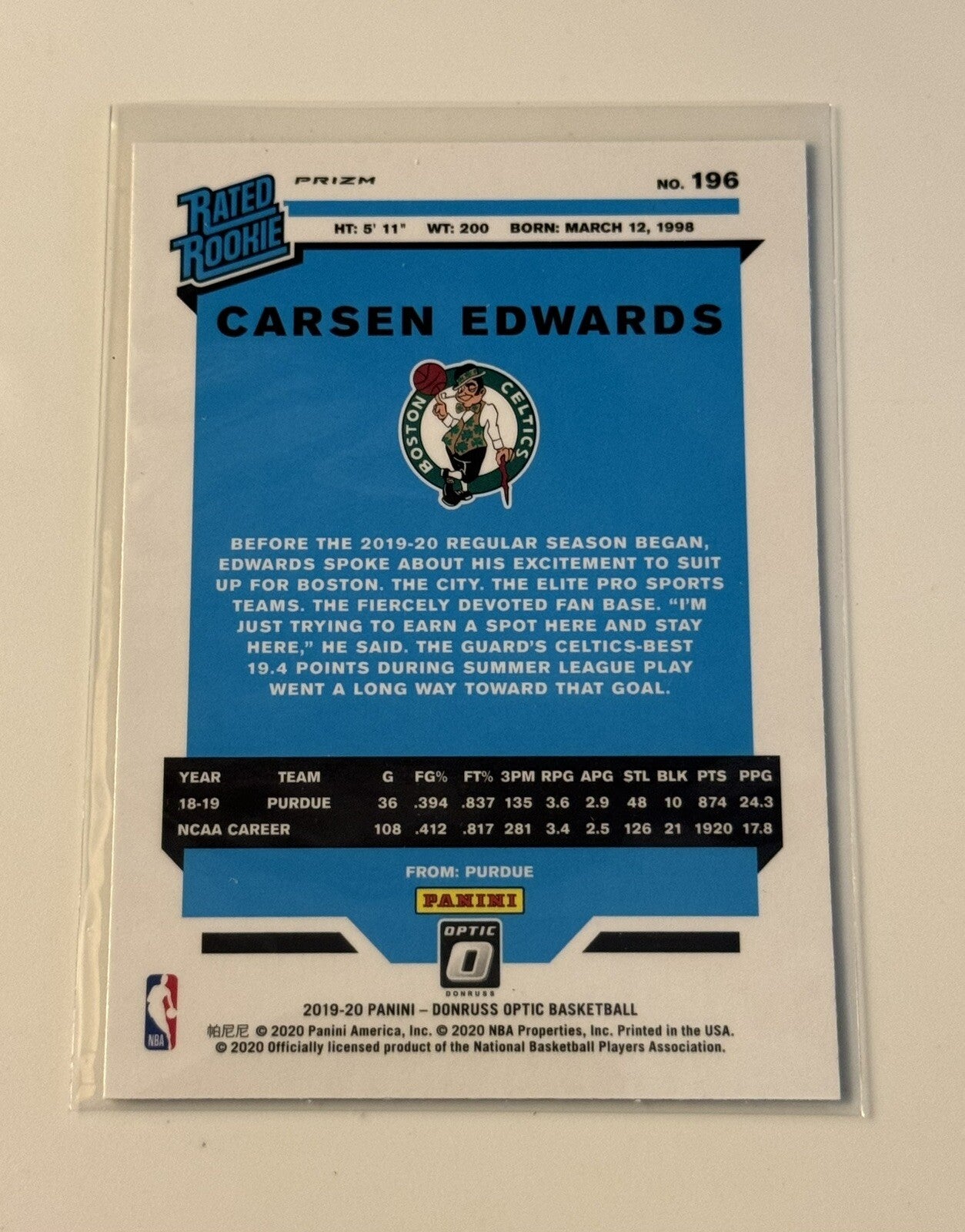 2019-20 Donruss Optic Carson Edwards RC Rated Rookie NBA Celtics Refractor #196