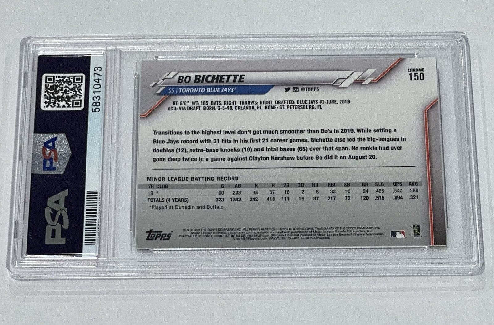 2020 Topps Chrome BO Bichette Rookie Card RC #150 MLB Toronto Blue Jays - PSA 10