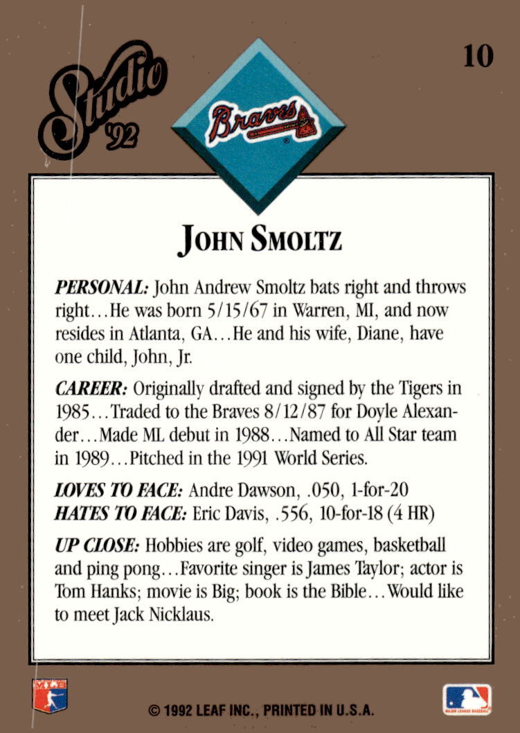 1992 Leaf Studio John Smoltz MLB Atlanta Braves Baseball Card 10 - Hall Of Fame*