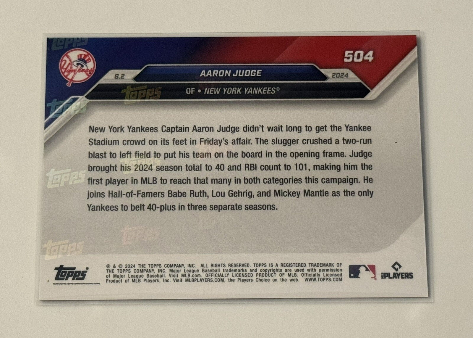 Aaron Judge MLB NY Yankees 2024 Topps Now Card - Matches Ruth Gehrig Mantle #504