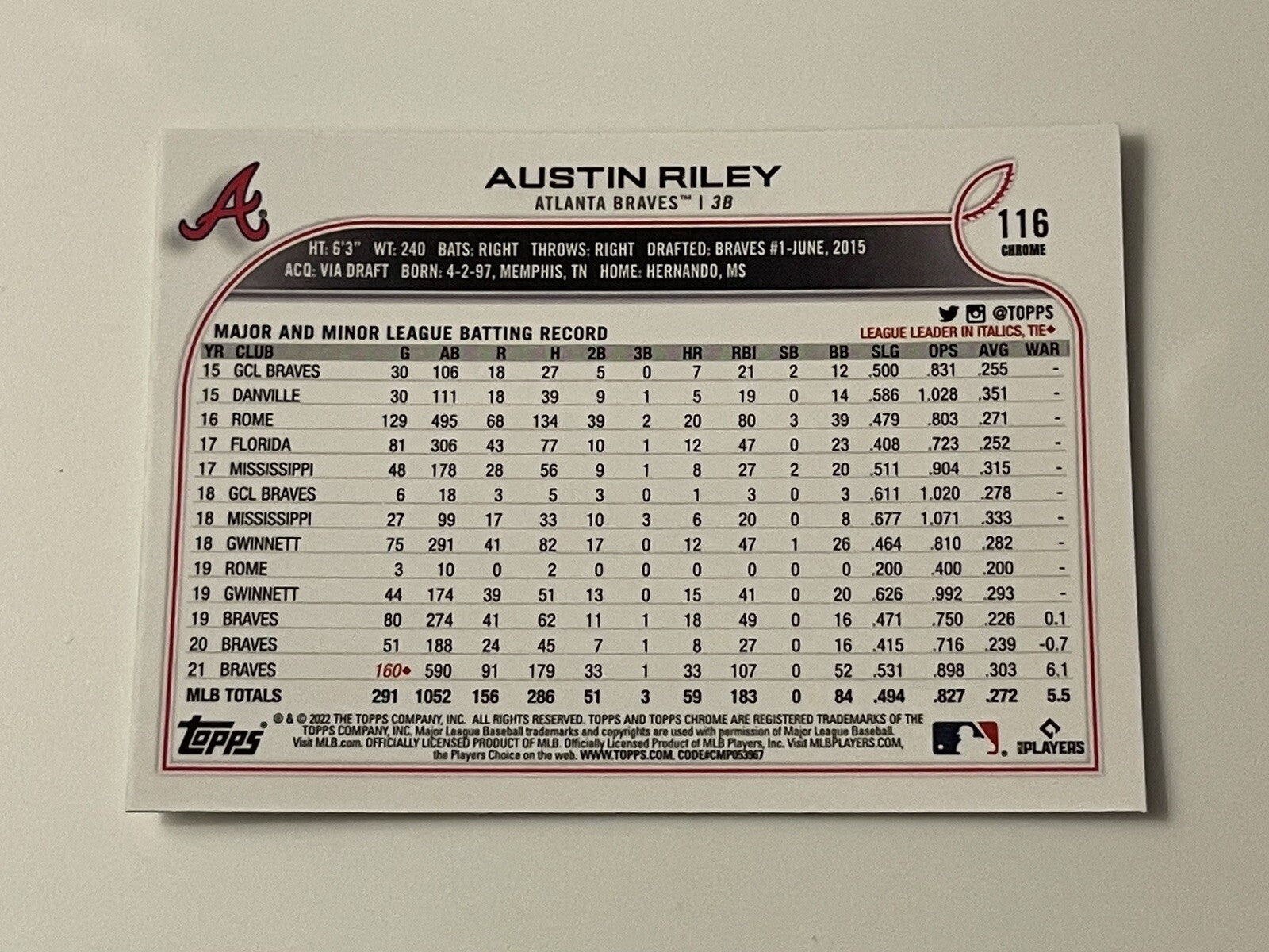 Austin Riley 2022 Topps Chrome Card #116 MLB Atlanta Braves - World Series Champ