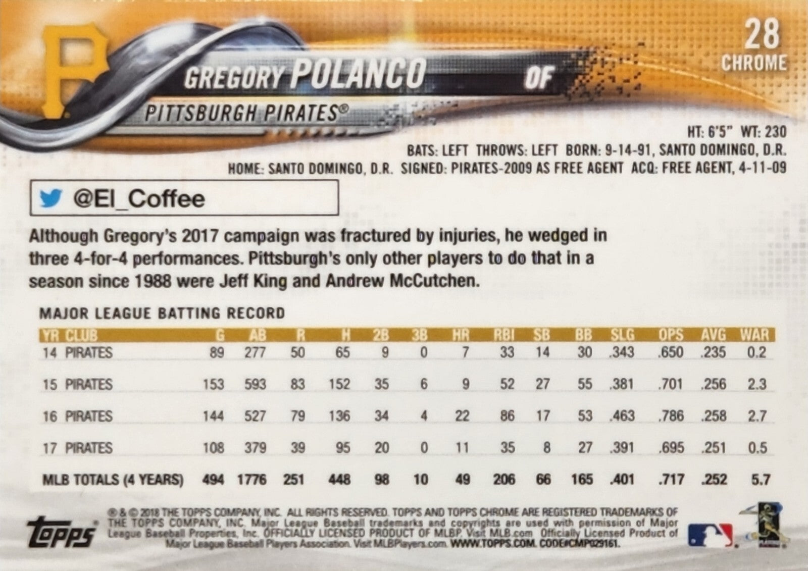 2018 Topps Chrome #28 Gregory Polanco Pittsburgh Pirates MLB JUST PULLED MINT!