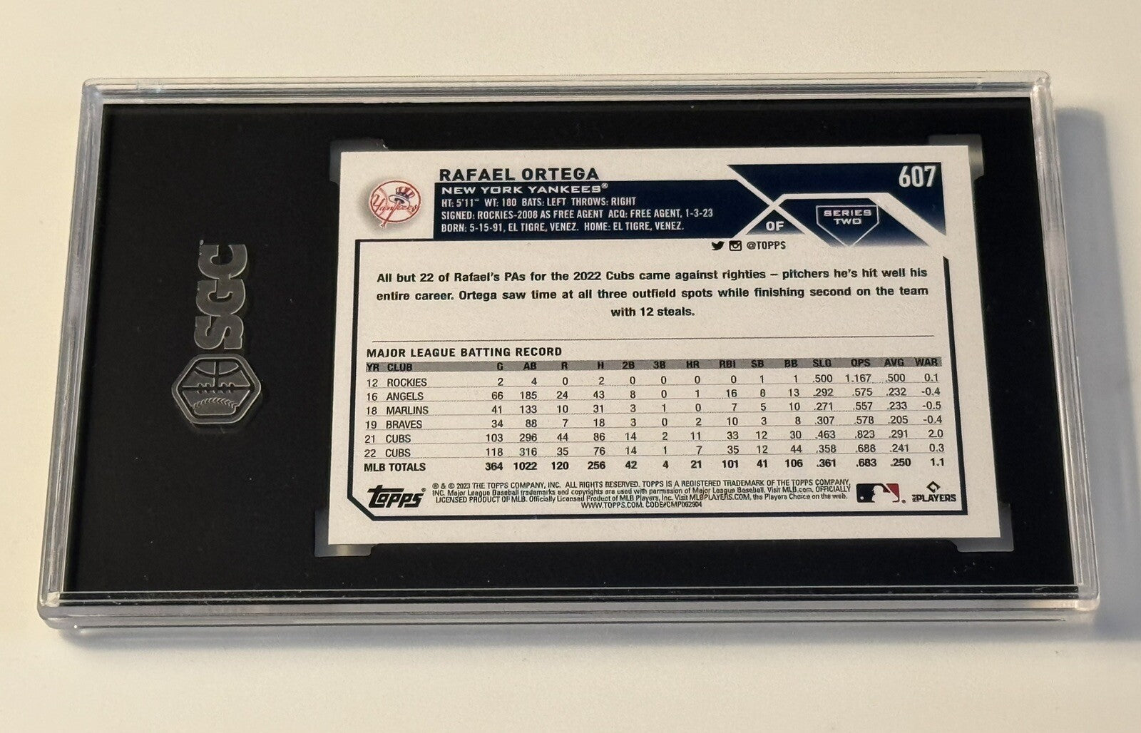 2023 Topps Series 2 Rafael Ortega - New York Yankees Baseball Card #607 - SGC 10