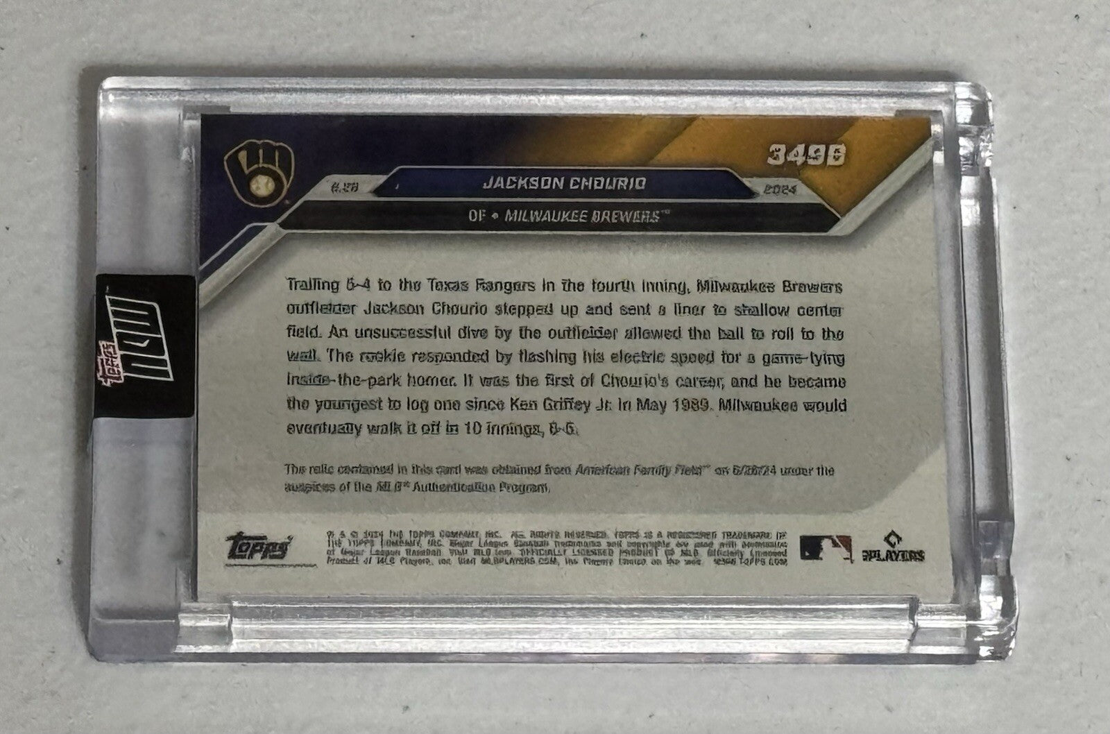 65/99 Jackson Chourio RC GAME USED Base Relic - MLB Brewers 2024 TOPPS NOW #349B