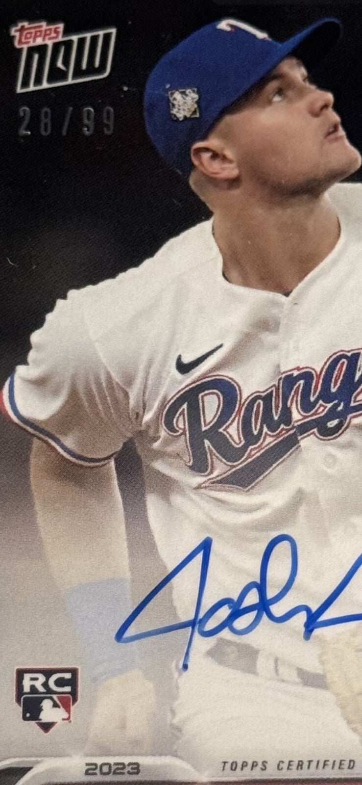 Josh Jung RC 2023 Topps NOW World Series Champs autographed Texas Rangers rookie card 28/99 in protective case