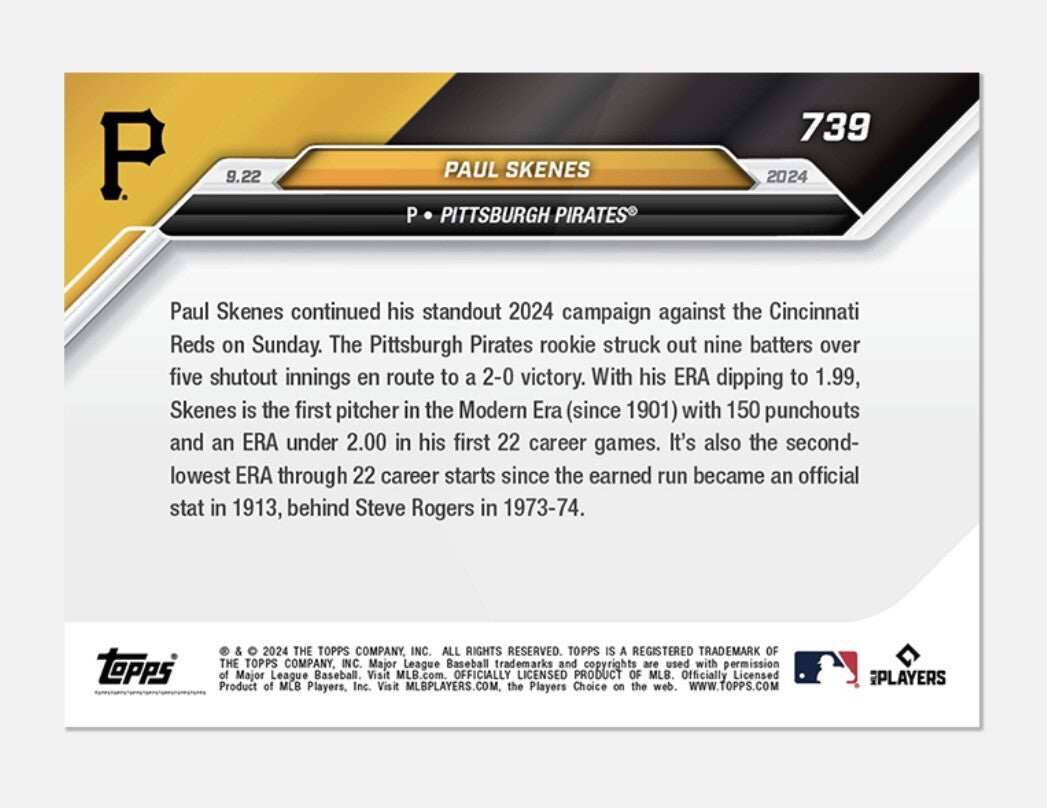 Paul Skenes RC baseball card 2024 Topps NOW Pittsburgh Pirates pitcher second-lowest ERA through 22 career starts since 1913