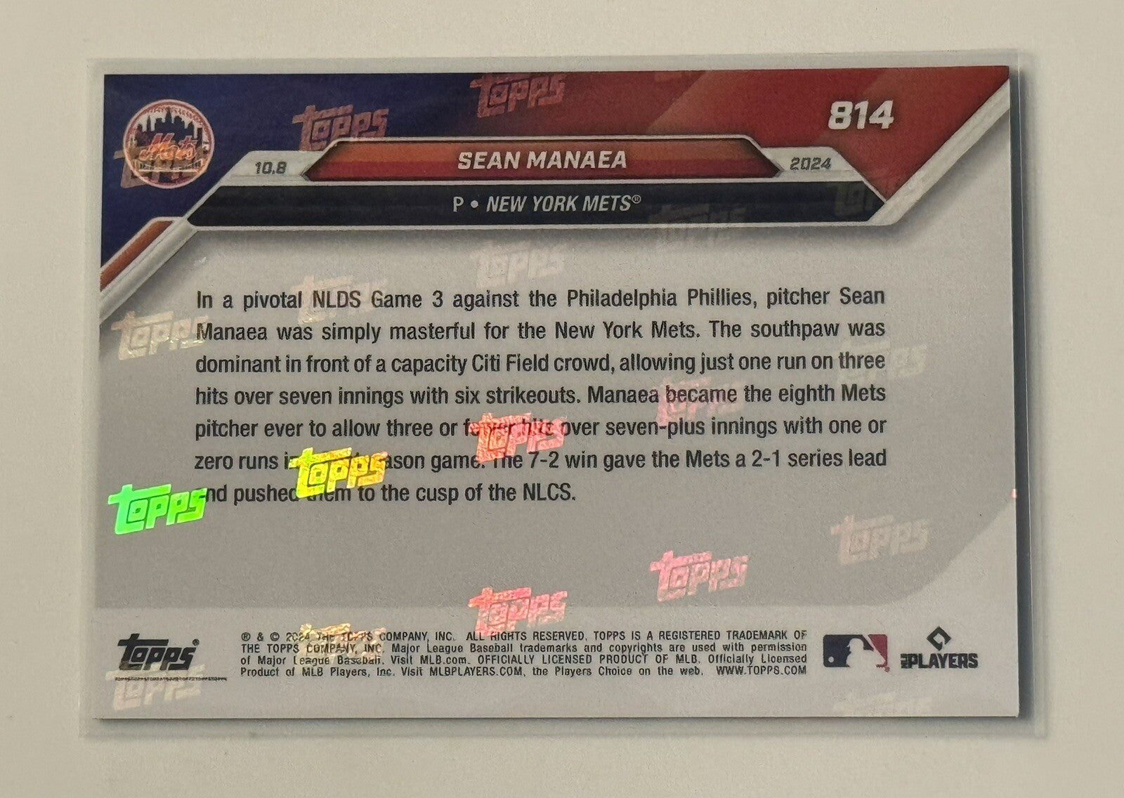 1/49* Sean Manaea* 1st Postseason Win Mets 2024 MLB Topps NOW - NY Mets Card 814