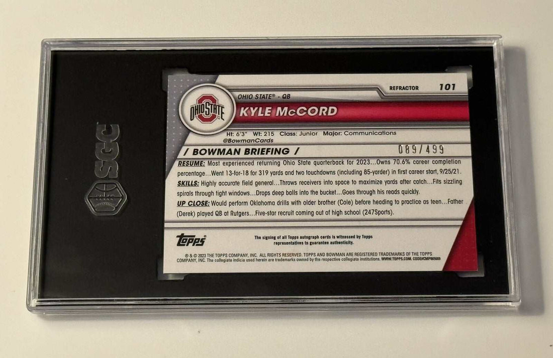 Kyle McCord RC Auto 2023 Bowman Chrome Refractor card graded 9.5 with autograph and Ohio State logo