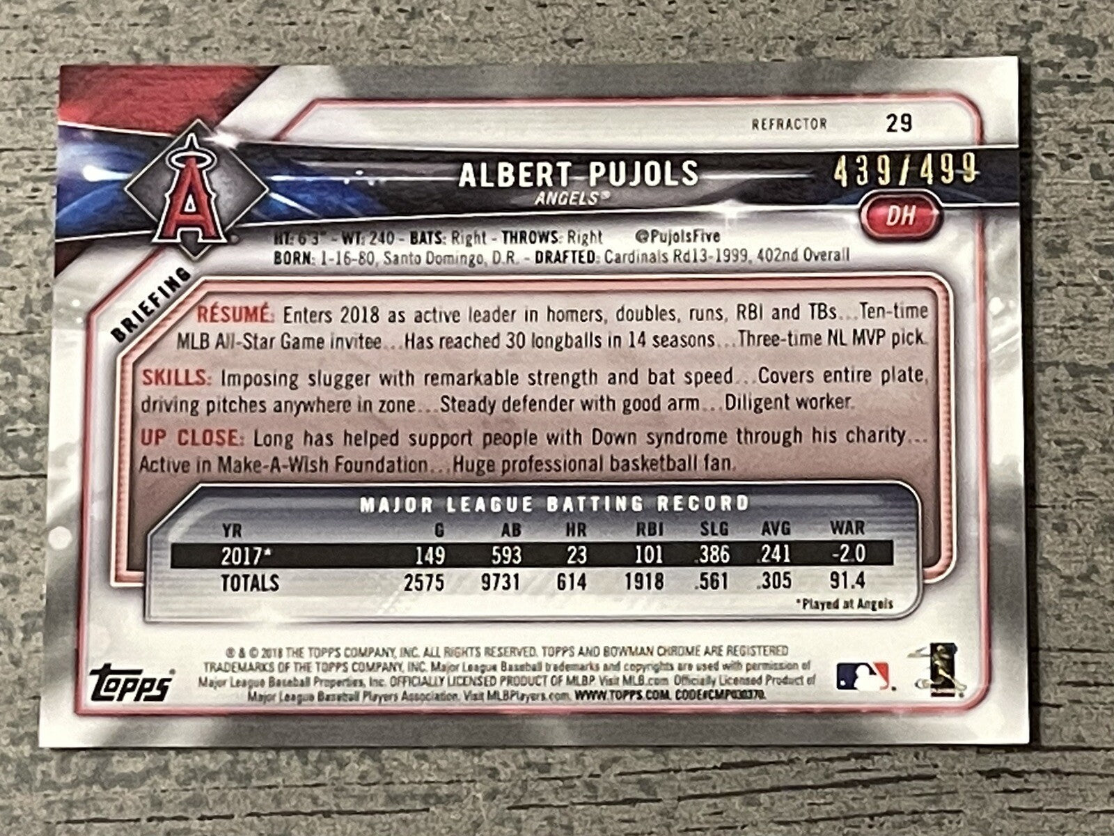 2018 Bowman Chrome Refractor #29 Albert Pujols 439/499 LAAngels/Cardinals 700 HR