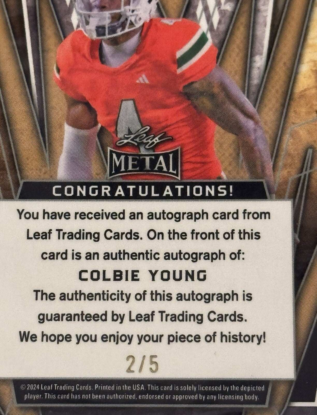 2024 Leaf Metal Wave Purple Colbie Young RC Auto Card with autograph and Georgia Bulldogs uniform