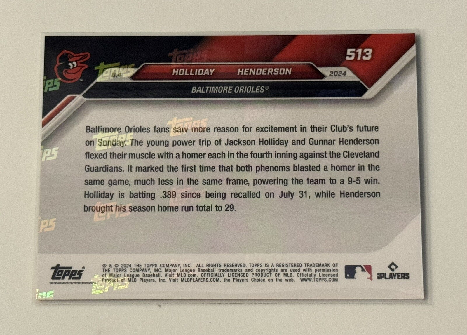 3/5! Jackson Holliday & Gunnar Henderson Go Yard* MLB Orioles 2024 Topps Now 513