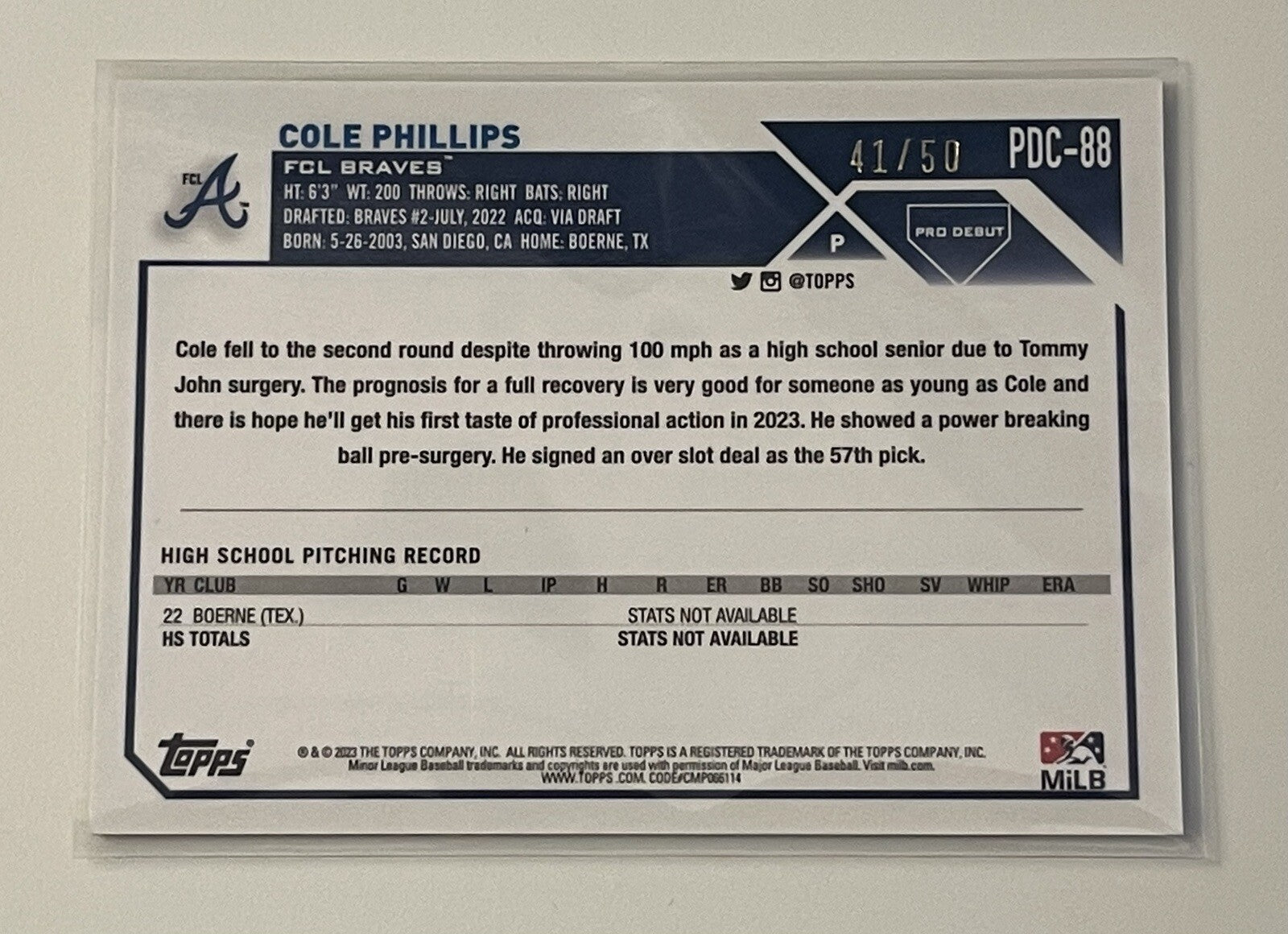 2023 Topps Pro Debut Chrome 41/50 Cole Phillips Refractor Card PDC-88 FCL Braves