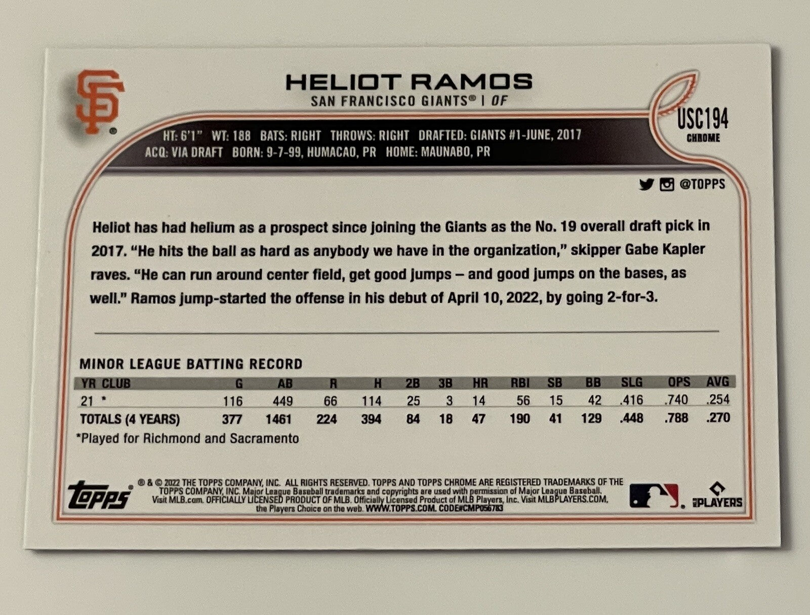 Heliot Ramos Purple RC Refractor 2022 Topps Chrome Update Rookie SF Giants MINT!