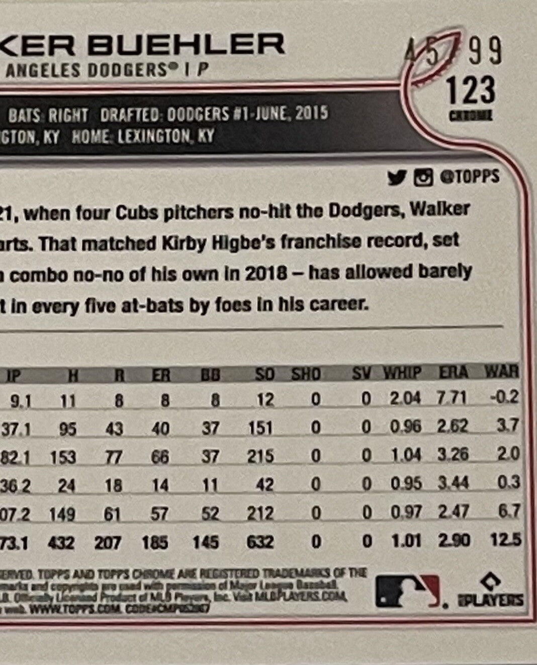2022 Topps Chrome -Walker Buehler* Green Logofractor SP #45/99 - MLB LA Dodgers*