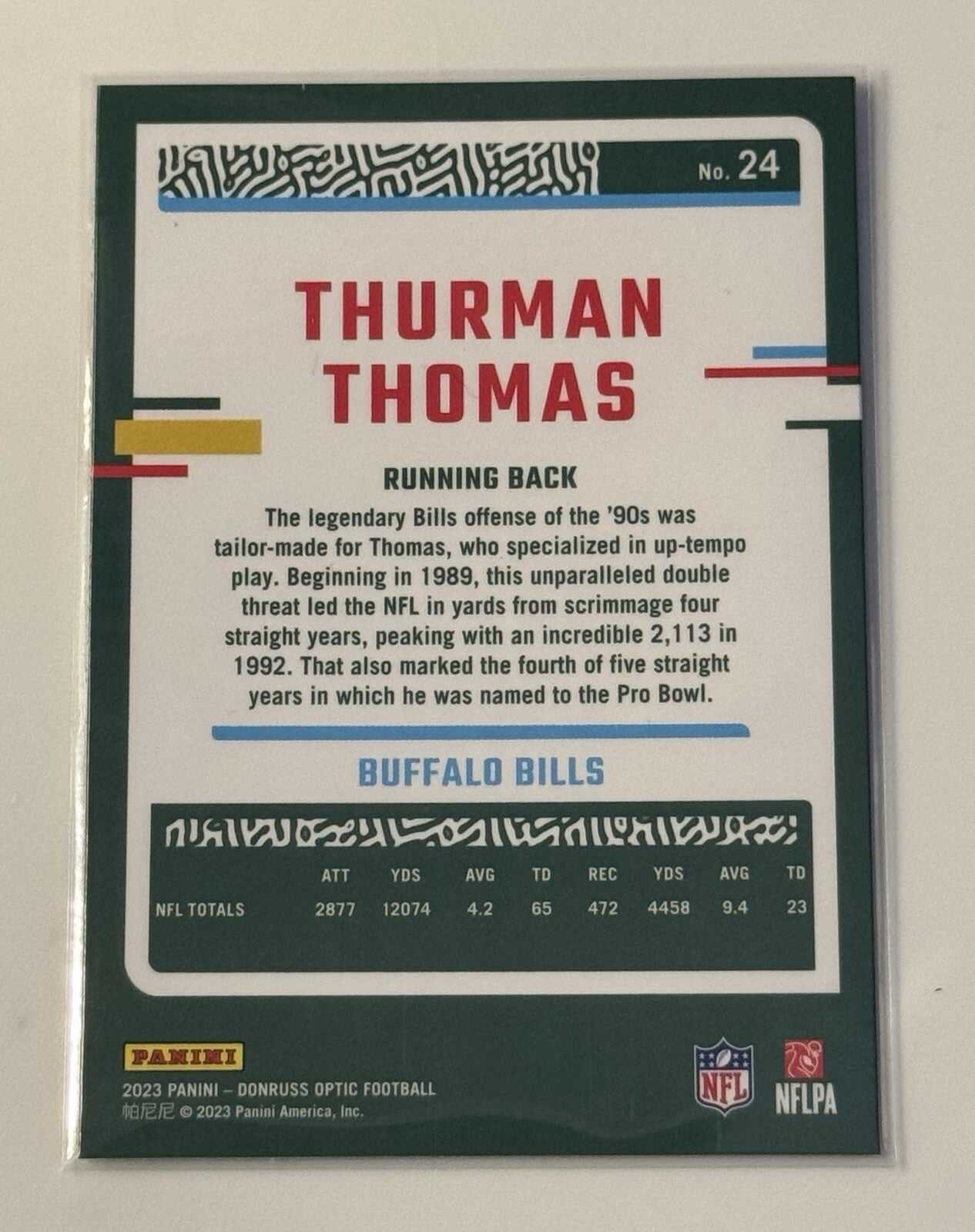 Thurman Thomas 2023 Panini Donruss Optic Football Silver Holo Prizm Card #24 Buffalo Bills