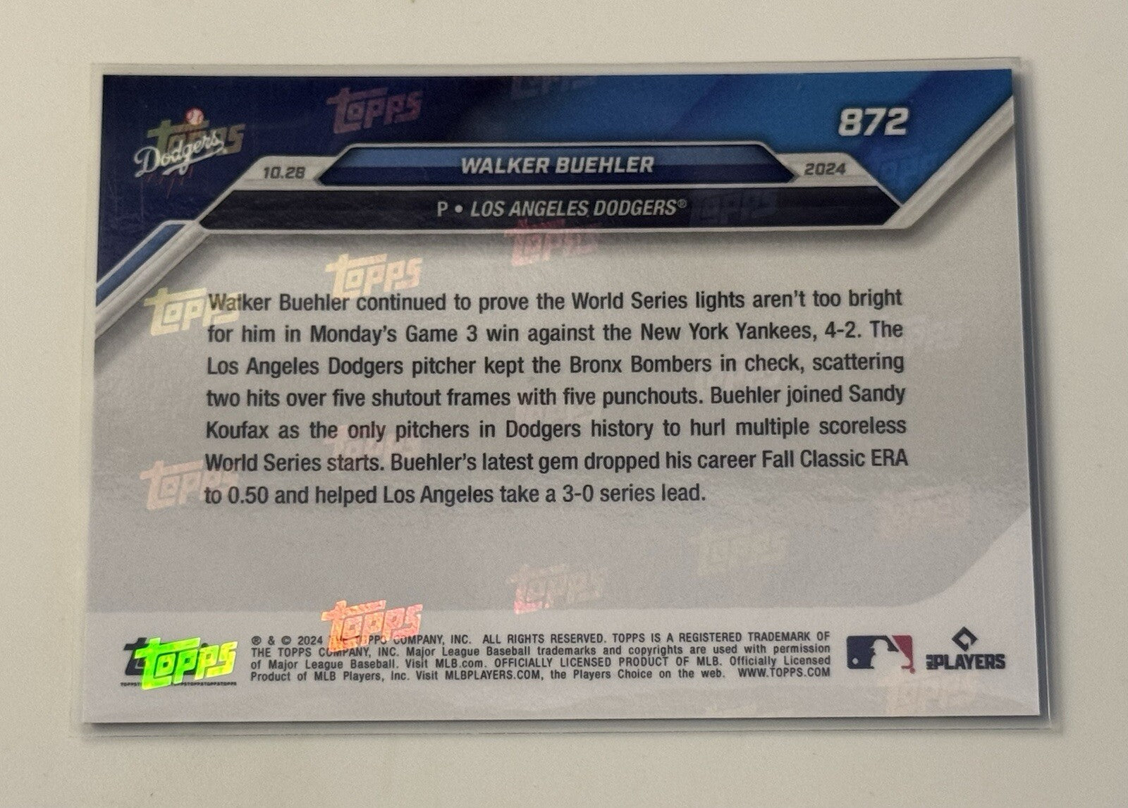 7/49 Walker Buehler* 2024 MLB Topps NOW Card WORLD SERIES LA Dodgers #872 READY!