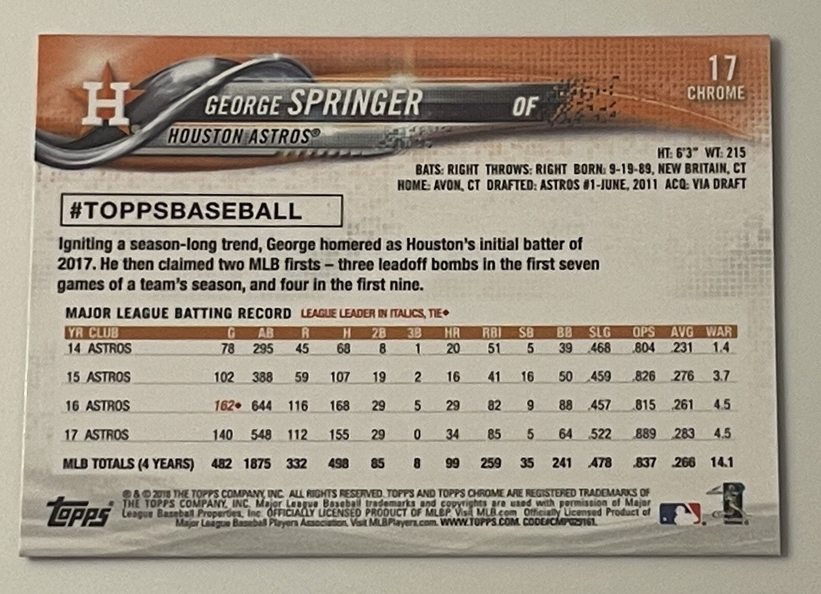 2018 Topps Chrome - George Springer* #17 - MLB Houston Astros/Toronto Blue Jays*