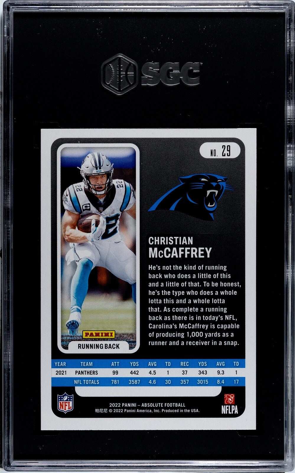 Christian McCaffrey 2022 Panini Absolute Football card graded SGC 10 featuring Panthers player in action