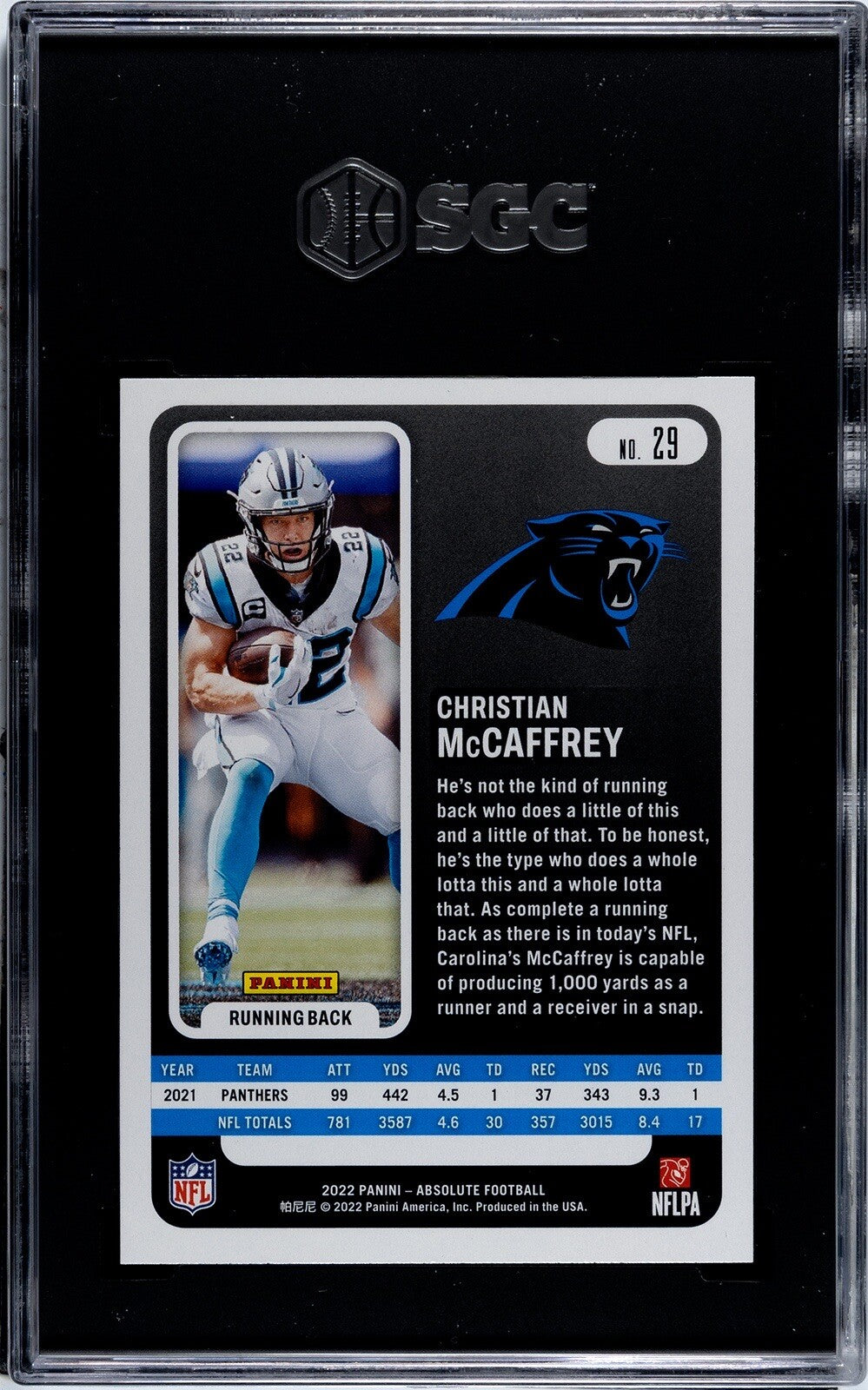 Christian McCaffrey 2022 Panini Absolute Football #29 NFL 49’ers/Panthers SGC 10