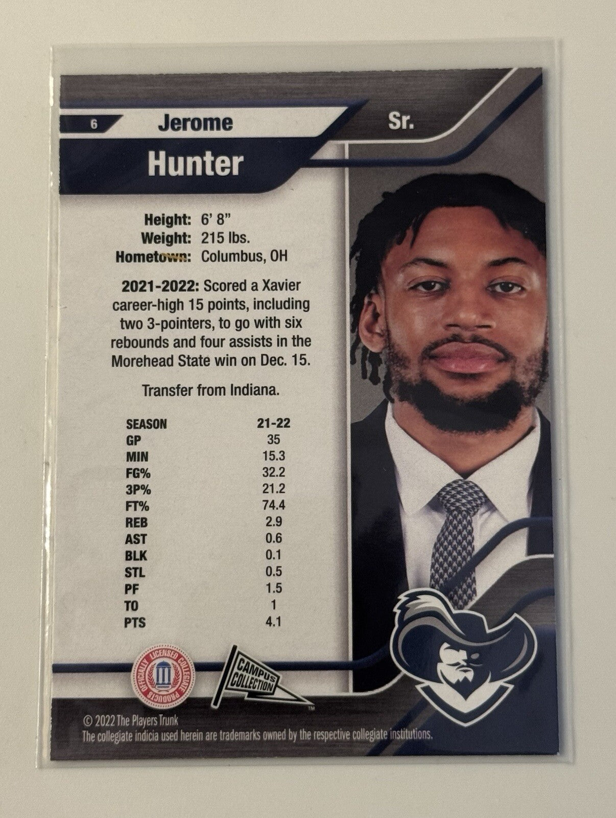 Jerome Hunter 2022 Campus Collection Players Trunk Card 6 NCAA Xavier Musketeers