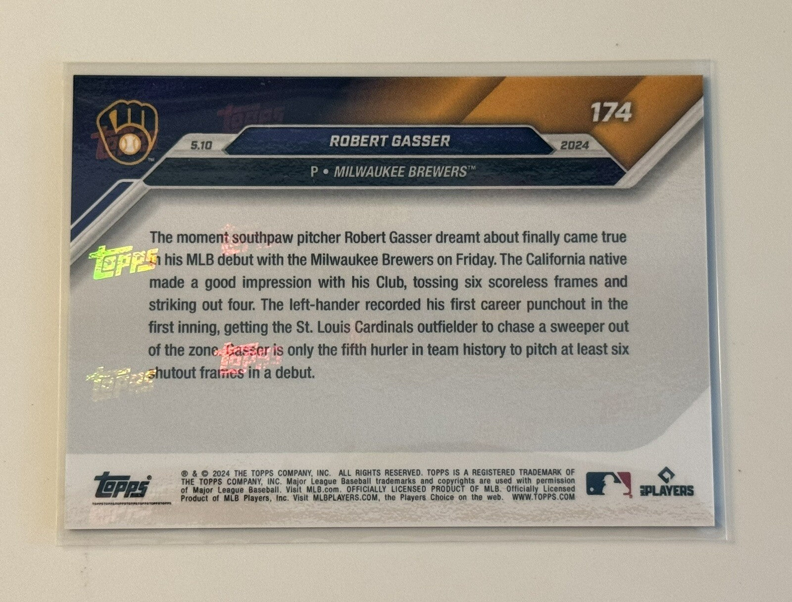 Robert Gasser RC* 2024 MLB TOPPS NOW 174 - 1st WIN Rookie DEBUT Brewers IN HAND*