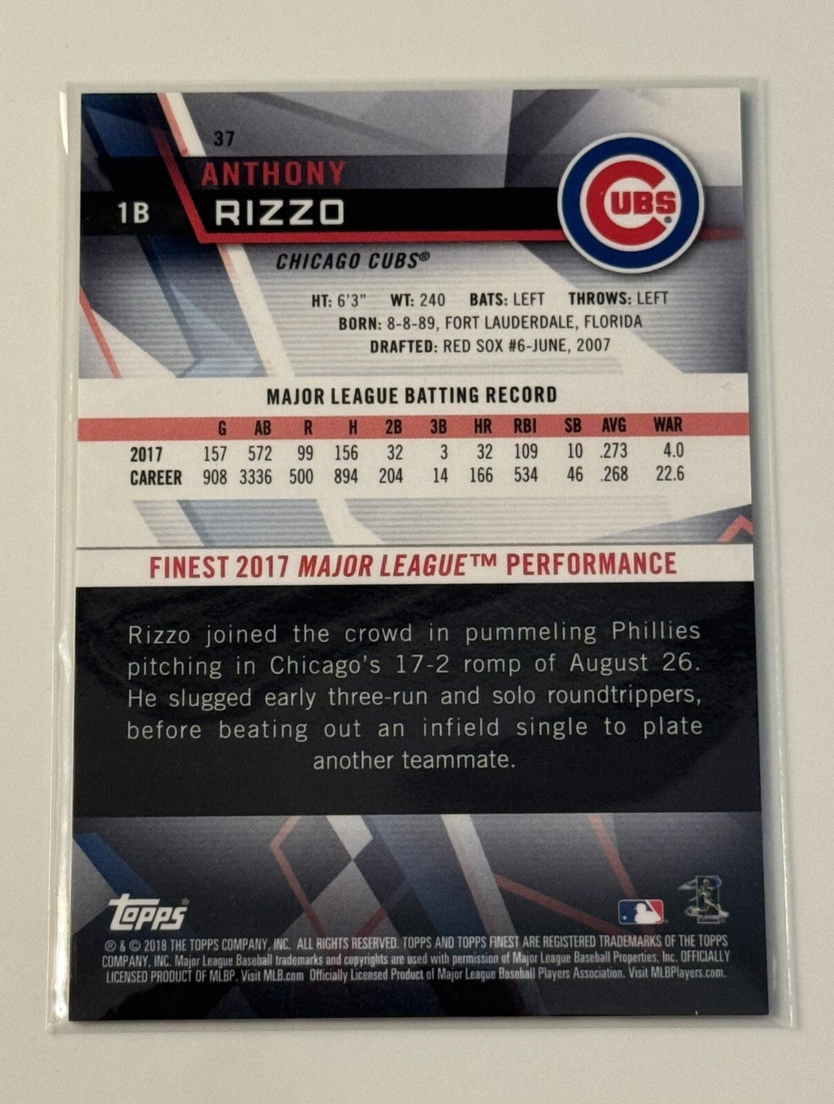 13/50* Anthony Rizzo 2018 Topps Finest Chrome Refractor* MLB Cubs/NY Yankees #37