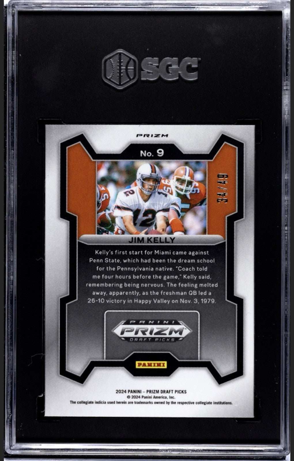 2024 Panini Prizm Draft Picks Orange Pulsar Jim Kelly NFL Bills numbered 34/49 graded SGC 9 trading card