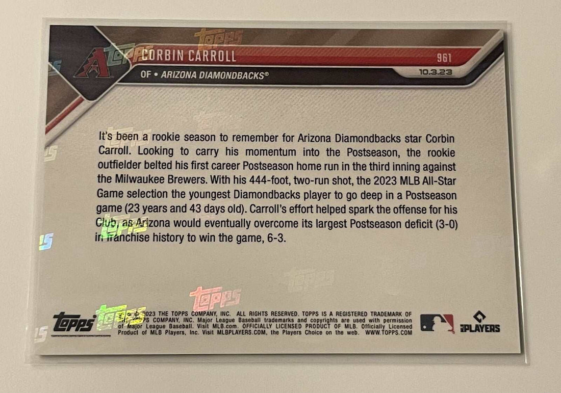 2023 Topps Now Corbin Carroll Arizona Diamondbacks rookie MLB baseball card with Wild Card design